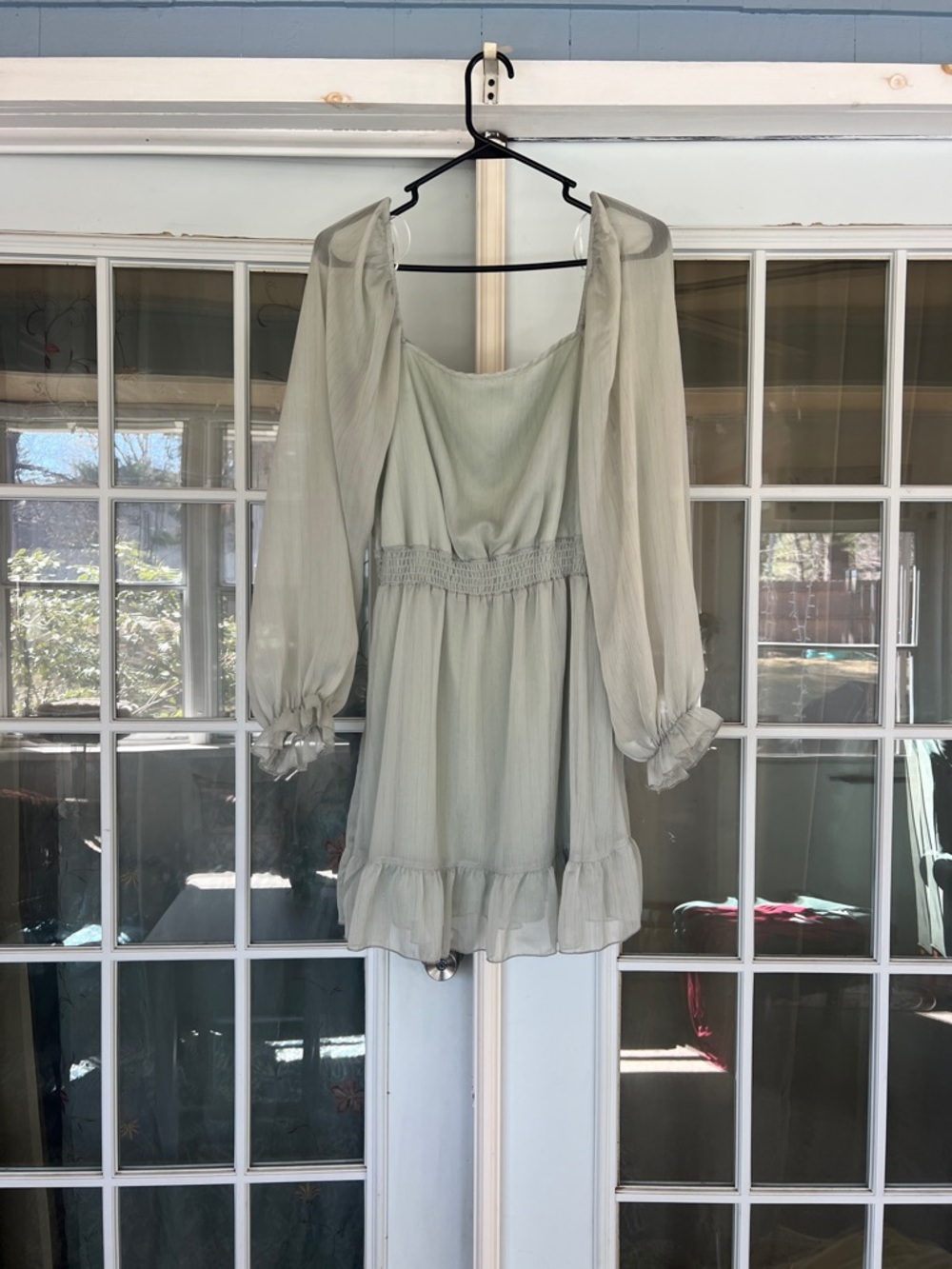 Altered state sage green smocked mini dress with puff sleeves